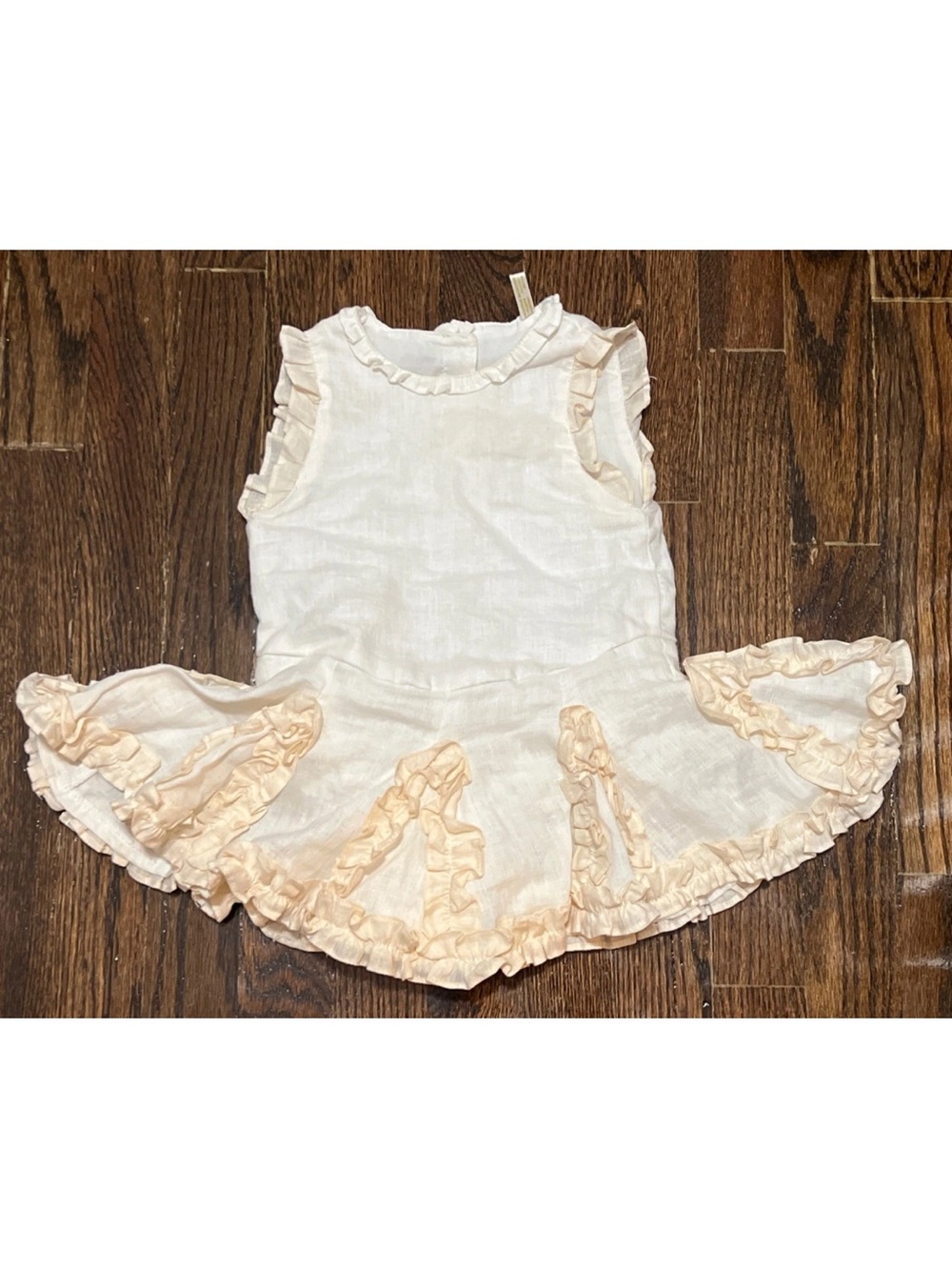 Boutique-Empress Arts Baby Girls Ivory Linen Ruffle Flare Dress 6-12 Months